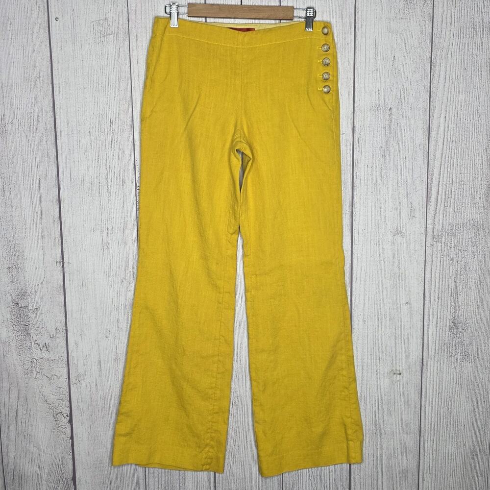 Anthropologie Cartonnier Yellow Linen Blend Sailor Button Wide Leg Pants, sz 8